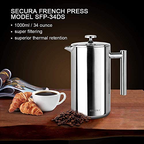 Secura French Press Coffee Maker, 34oz Stainless Steel Insulated, Silver W447