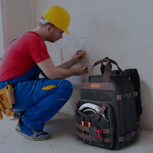 WELKINLAND 90-Pocket Electrician Backpack, Black Wax-Canvas Tool Bag, 28L V29684