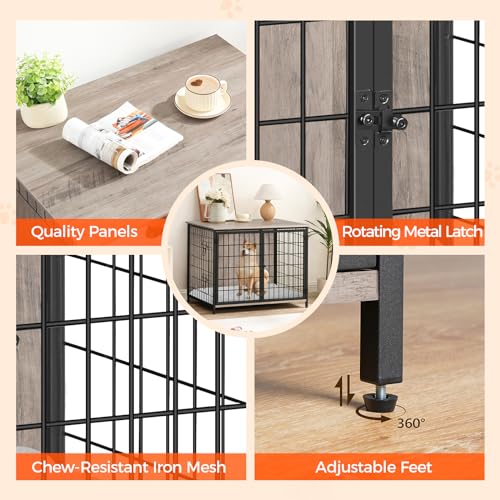 Wooden Dog Crate Furniture with Cushion, Double Doors, Greige X29262