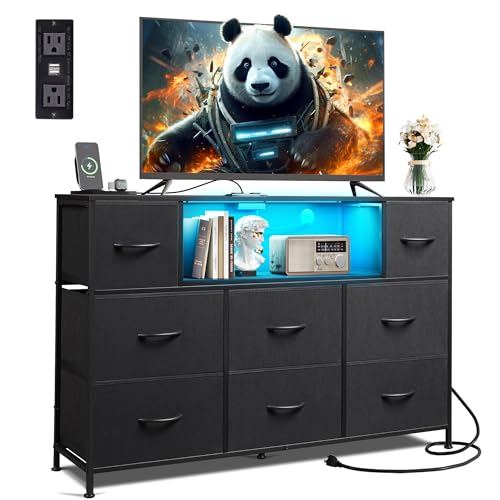 WLIVE Dresser for Bedroom with Charging Station and LED Lights, 8 Drawer R754