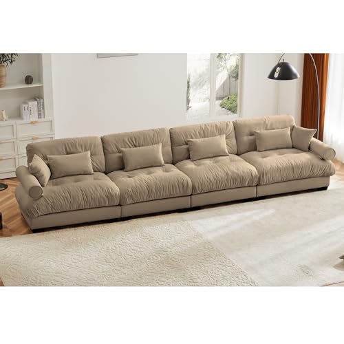 130" Modular Sectional Sofa with Movable Ottoman, Velvet Upholstered, Green Y4976