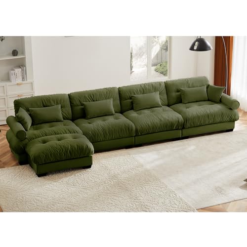 130" Modular Sectional Sofa with Movable Ottoman, Velvet Upholstered, Green Y4976