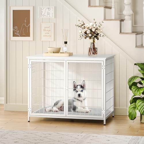 Wooden Dog Crate Furniture with Cushion, Double Doors, Greige X29262