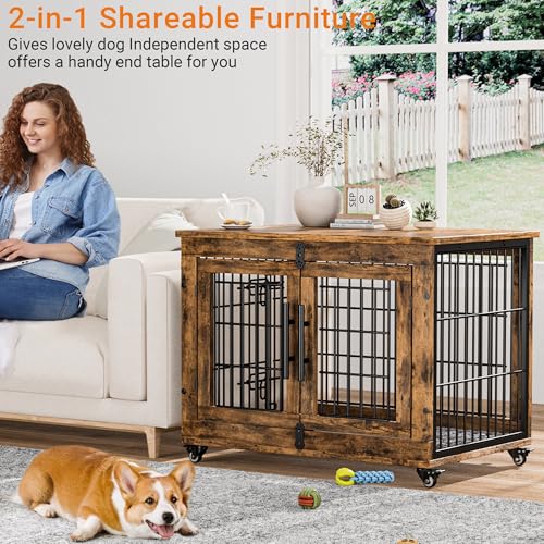 Lulive Dog Crate Furniture for Medium Dogs, 32" Wooden Kennel with Cushion & Wheels, Grey D230281