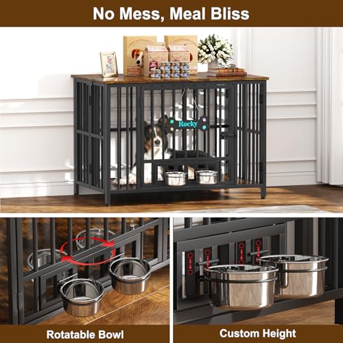 Easycom 41" Foldable Dog Crate Furniture with Adjustable Bowls, Rustic Brown M74490