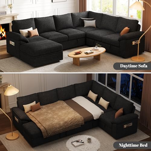 108 Inch U-Shaped Sectional Sleeper Sofa with Pull Out Bed, Dark Grey J60928