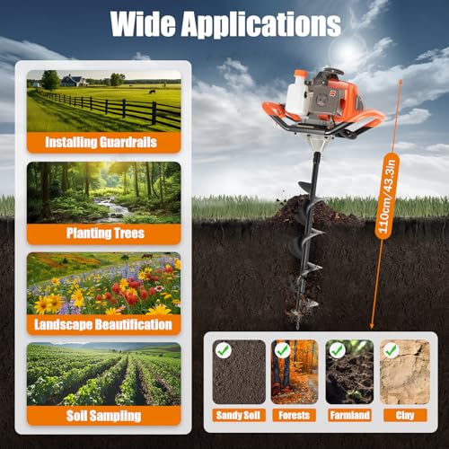 DYRABREST 52cc Gas Powered Earth Auger Post Hole Digger with 4/6/8 inch Bits K1897