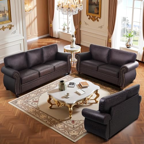 Mid-Century 3-Seater Sofa with Rivet Design, Removable Cover and Solid Wood Frame I150