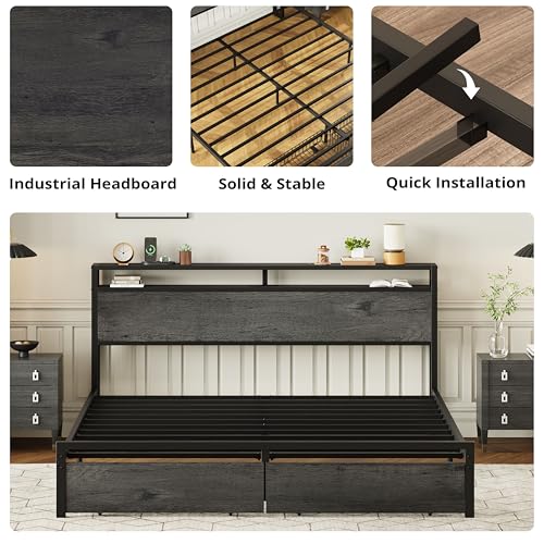 LIKIMIO King Bed Frame with Storage Headboard and Charging Station, Vintage Brown X317