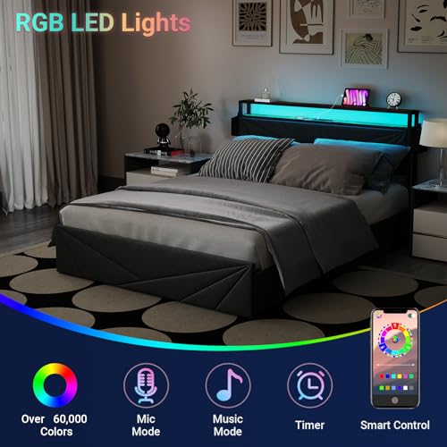 Full Size Bed Frame with Headboard, LED Lights, 4 Storage Drawers, Charging Station, Black C93321