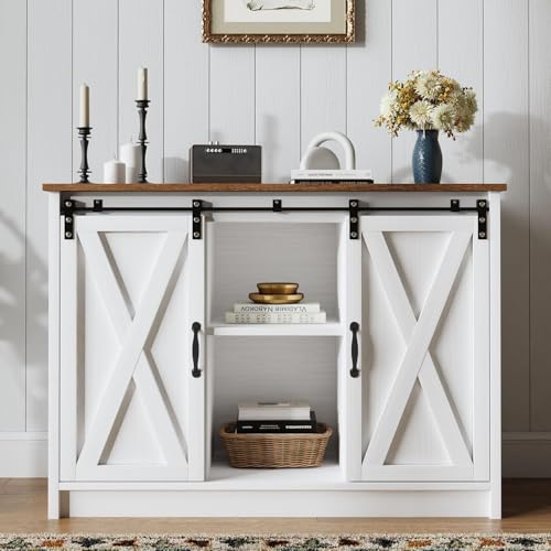 4 EVER WINNER Coffee Bar Cabinet with Sliding Barn Doors, 42" Sideboard Buffet, Espresso O37010