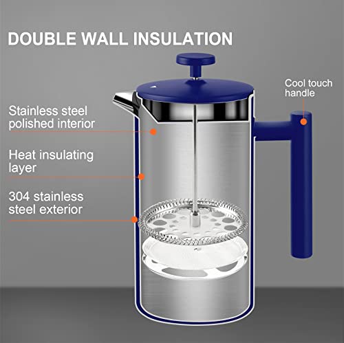 Secura French Press Coffee Maker, 34oz Stainless Steel Insulated, Silver W447