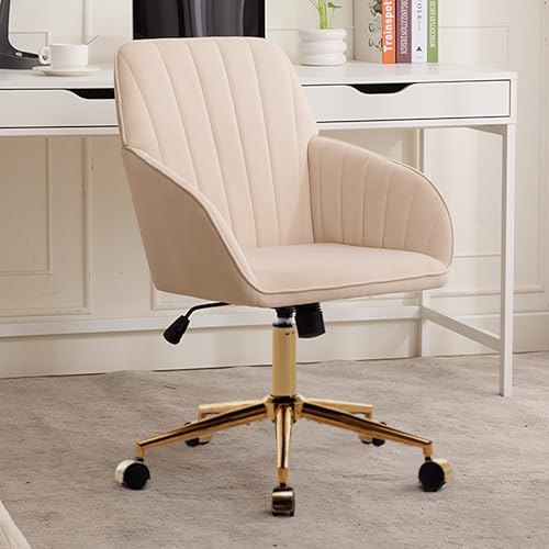 Velvet Home Office Chair with Gold Base, Swivel Desk Chair with Wheels (Cream) Z435471