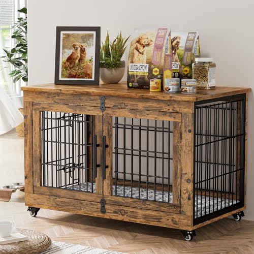 Lulive Dog Crate Furniture for Medium Dogs, 32" Wooden Kennel with Cushion & Wheels, Grey D230281