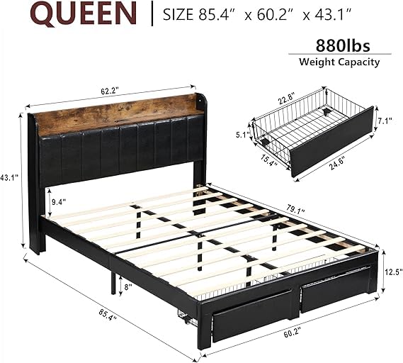 Queen Bed Frame with Headboard & Charging Station, Upholstered, 2 Storage Drawers, White T9445