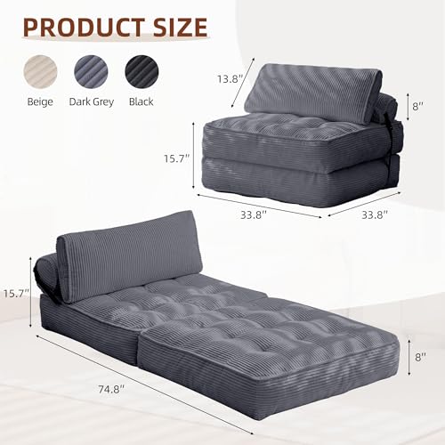 GYUTEI Folding Sofa Bed Convertible Sleeping Chair with Corduroy Fabric, Grayish Blue E807