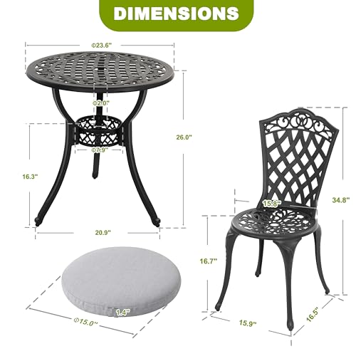 NUU GARDEN 3 Piece Cast Aluminum Bistro Set with Umbrella Hole, Black N80118