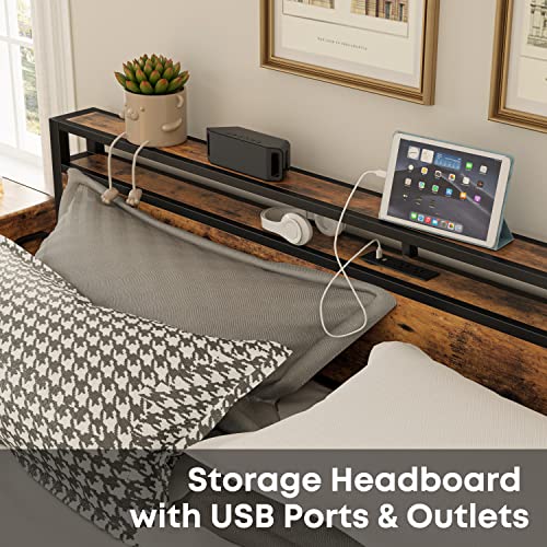 LIKIMIO King Bed Frame with Storage Headboard and Charging Station, Vintage Brown X317