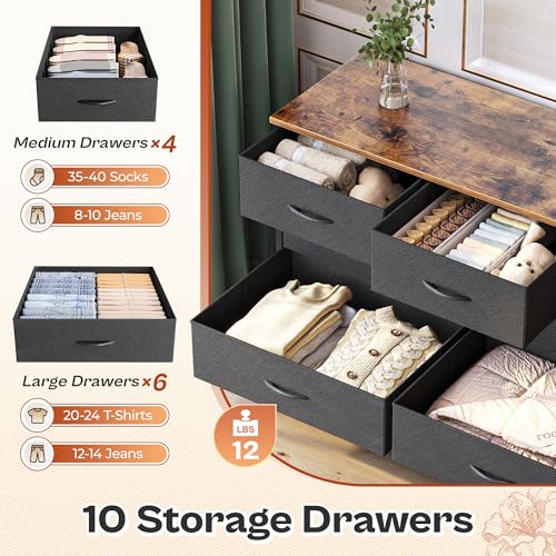 Huuger 63 Inch Dresser with 10 Fabric Drawers, Rustic Brown M836