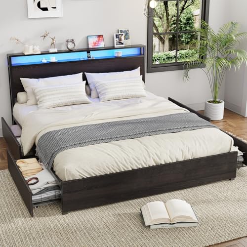 Full Size Bed Frame with Headboard, LED Lights, 4 Storage Drawers, Charging Station, Black C93321