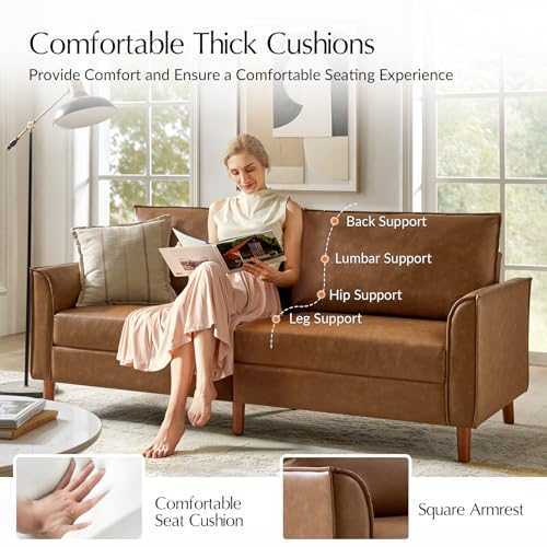 HULALA HOME 78" Faux Leather Sofa with Solid Wood Legs, Brown W53231