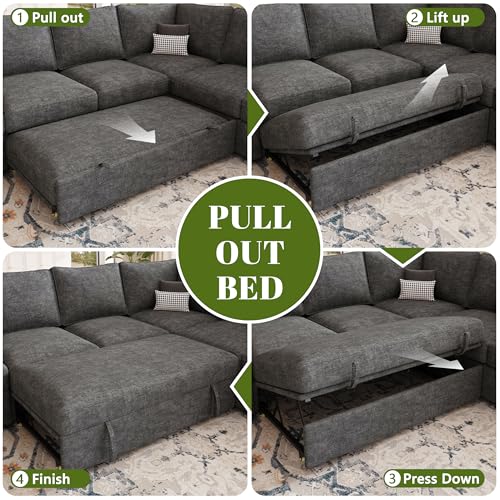 108 Inch U-Shaped Sectional Sleeper Sofa with Pull Out Bed, Dark Grey J60928