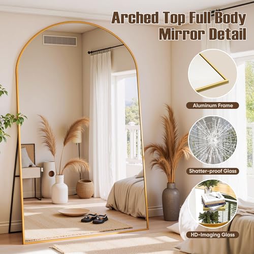 78" Oversized Arched Floor Mirror with Stand, Aluminum Frame, Black N18643