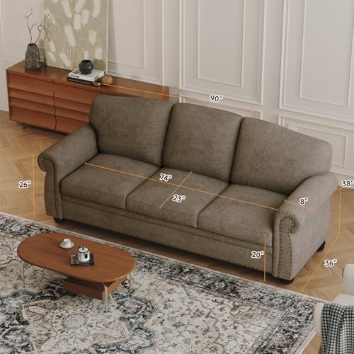 90 Inch Nailhead Trim Chenille Sofa for Living Room, Beige L968714
