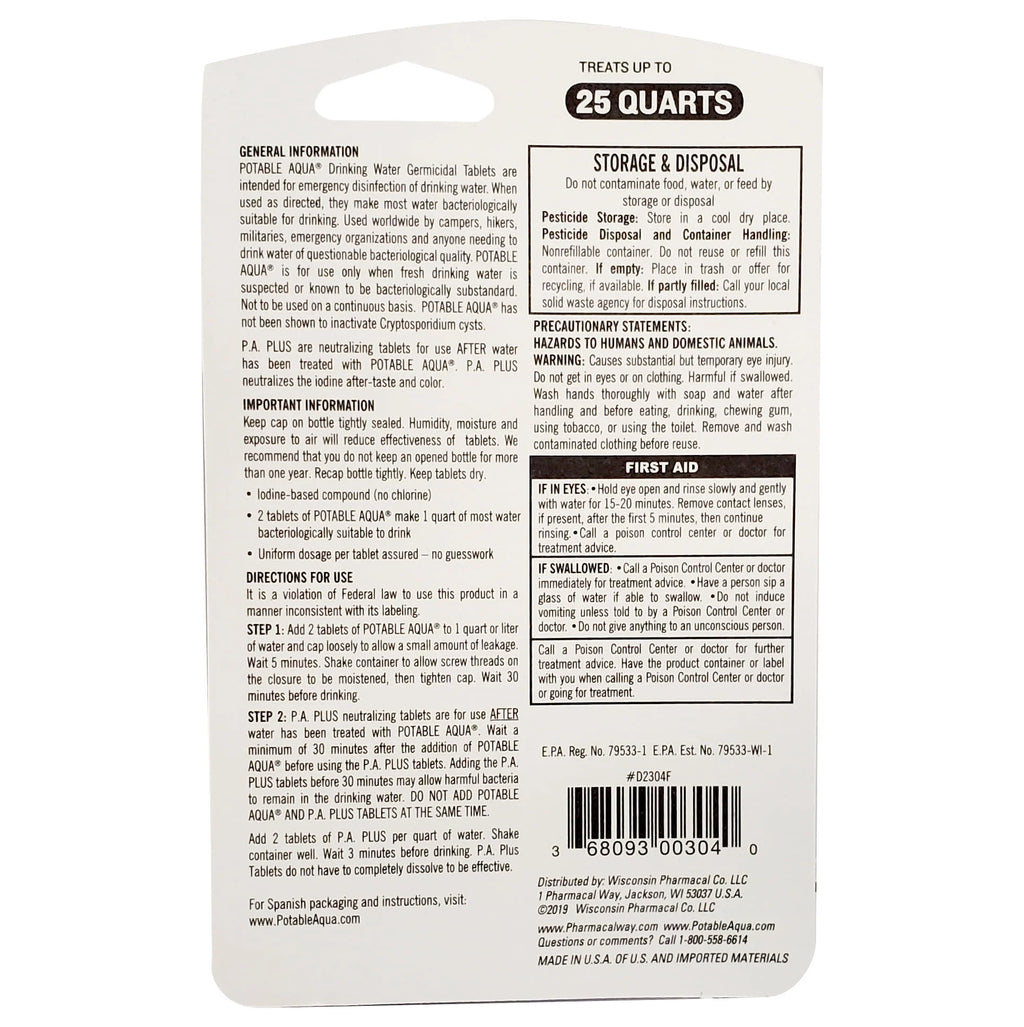 Potable Aqua Water Purification Tablets, 2 Bottles of 50 Count O370