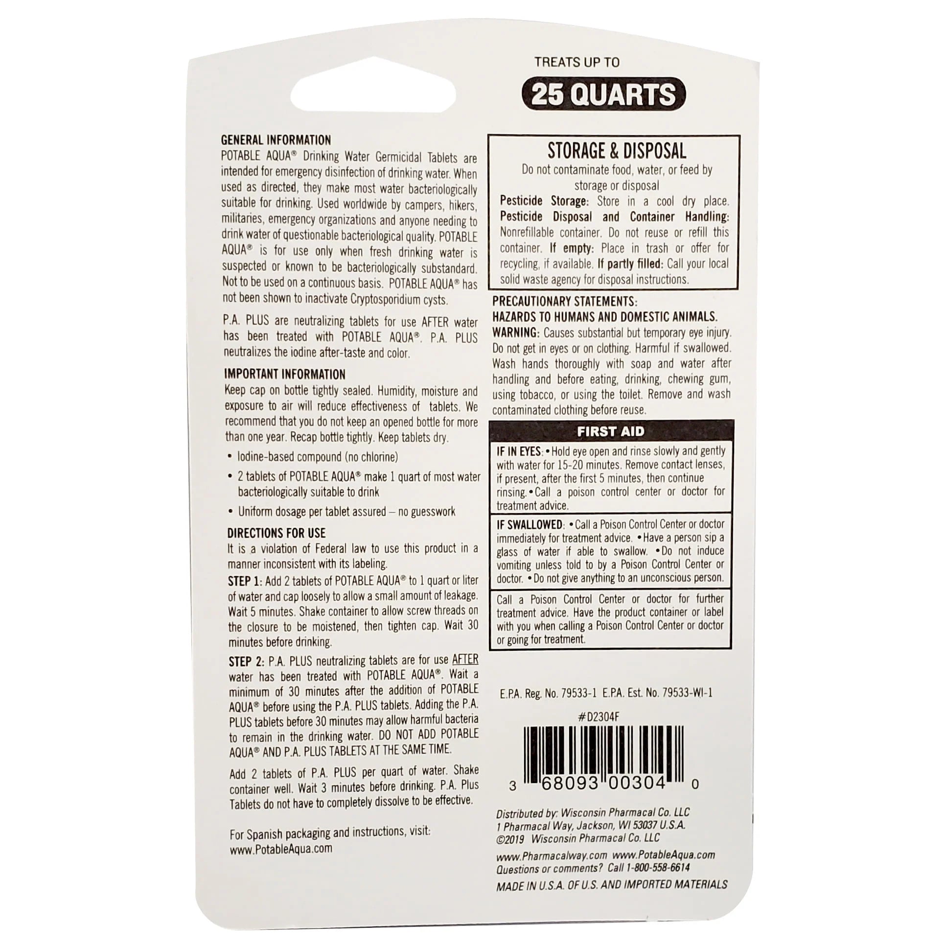 Potable Aqua Water Purification Tablets, 2 Bottles of 50 Count O370