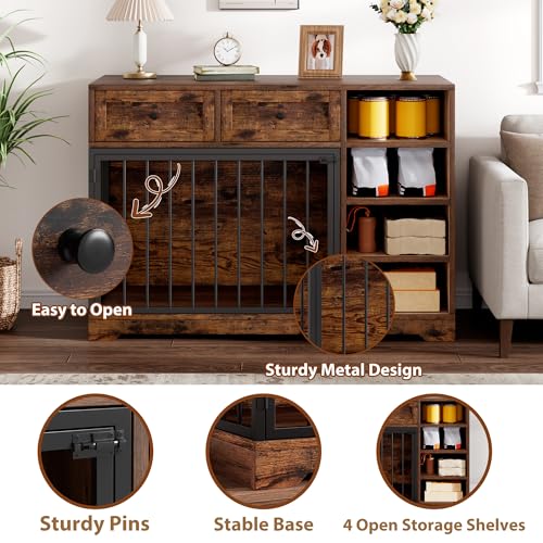 IDEALHOUSE 47" Large Dog Crate Furniture with 2 Drawers, Wooden Kennel for Medium Large Dogs, Black W8906