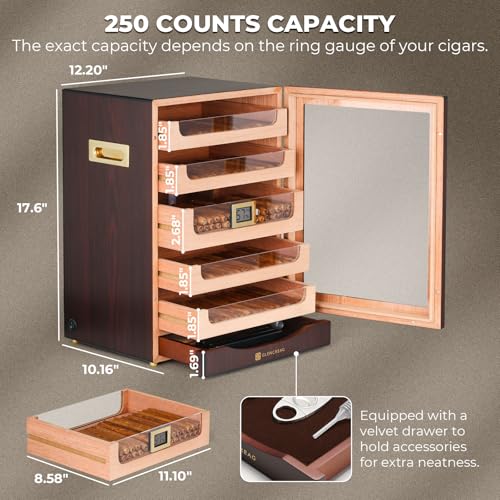 Cigar Humidor Cabinet for 250 Cigars with LED Light, Spanish Cedar Lining W1599