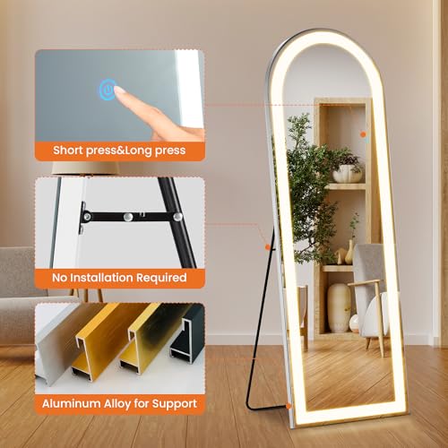 Arched Full Length Mirror with LED Lights, 60"x16" Floor Mirror with Stand T719302