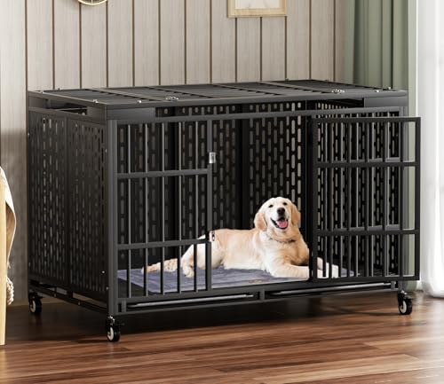 Heavy Duty Dog Crate with Wheels for Large Dogs, Folding Metal Cage with Removable Tray R395