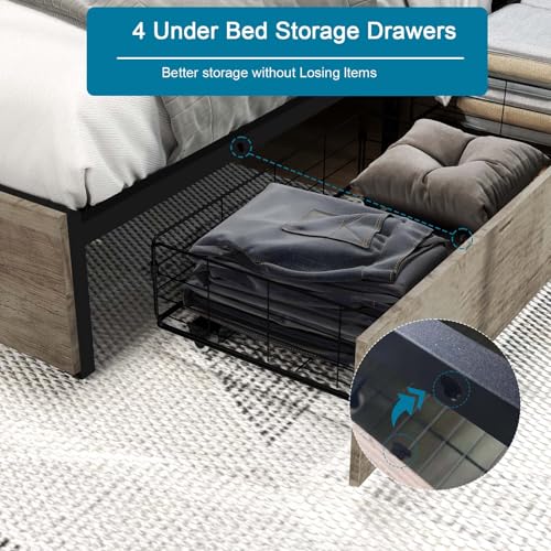 Full Size Bed Frame with Headboard, LED Lights, 4 Storage Drawers, Charging Station, Black C93321
