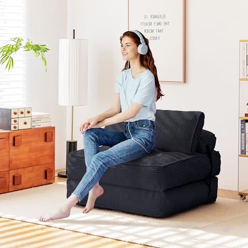 GYUTEI Folding Sofa Bed Convertible Sleeping Chair with Corduroy Fabric, Grayish Blue E807