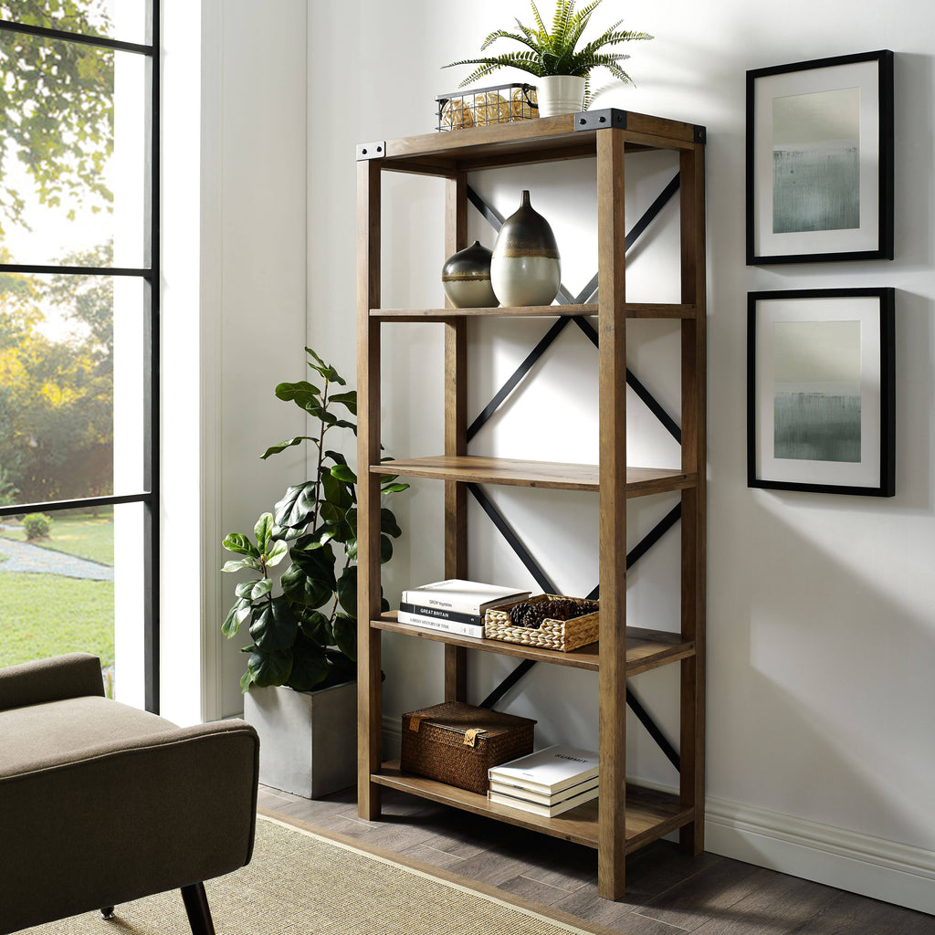 Walker Edison 64x22 Farmhouse Metal Bookcase Rustic Oak Z58533