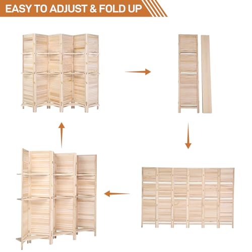 Bonnlo 6 Panel Wood Room Divider with Shelves, 6 FT Folding Privacy Screen T6528