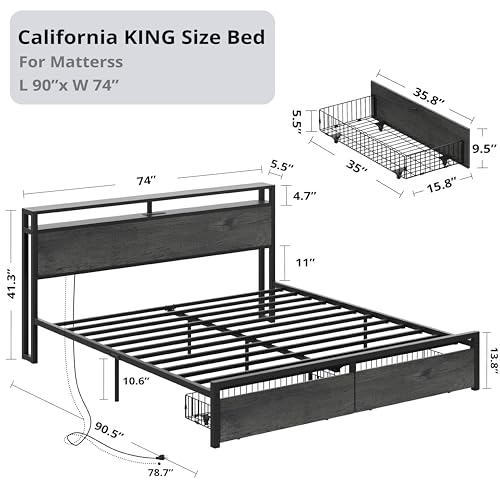LIKIMIO King Bed Frame with Storage Headboard and Charging Station, Vintage Brown X317