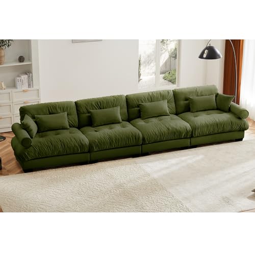 130" Modular Sectional Sofa,Velvet Upholstered Couches for Living Room,3 Seater Green Sofa Couch with Movable Ottoman,Big Comfy Loveseat Sofa with Deep Seats for Living Room,Apartment,Bedroom