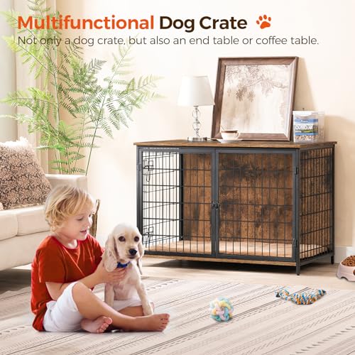 Wooden Dog Crate Furniture with Cushion, Double Doors, Greige X29262