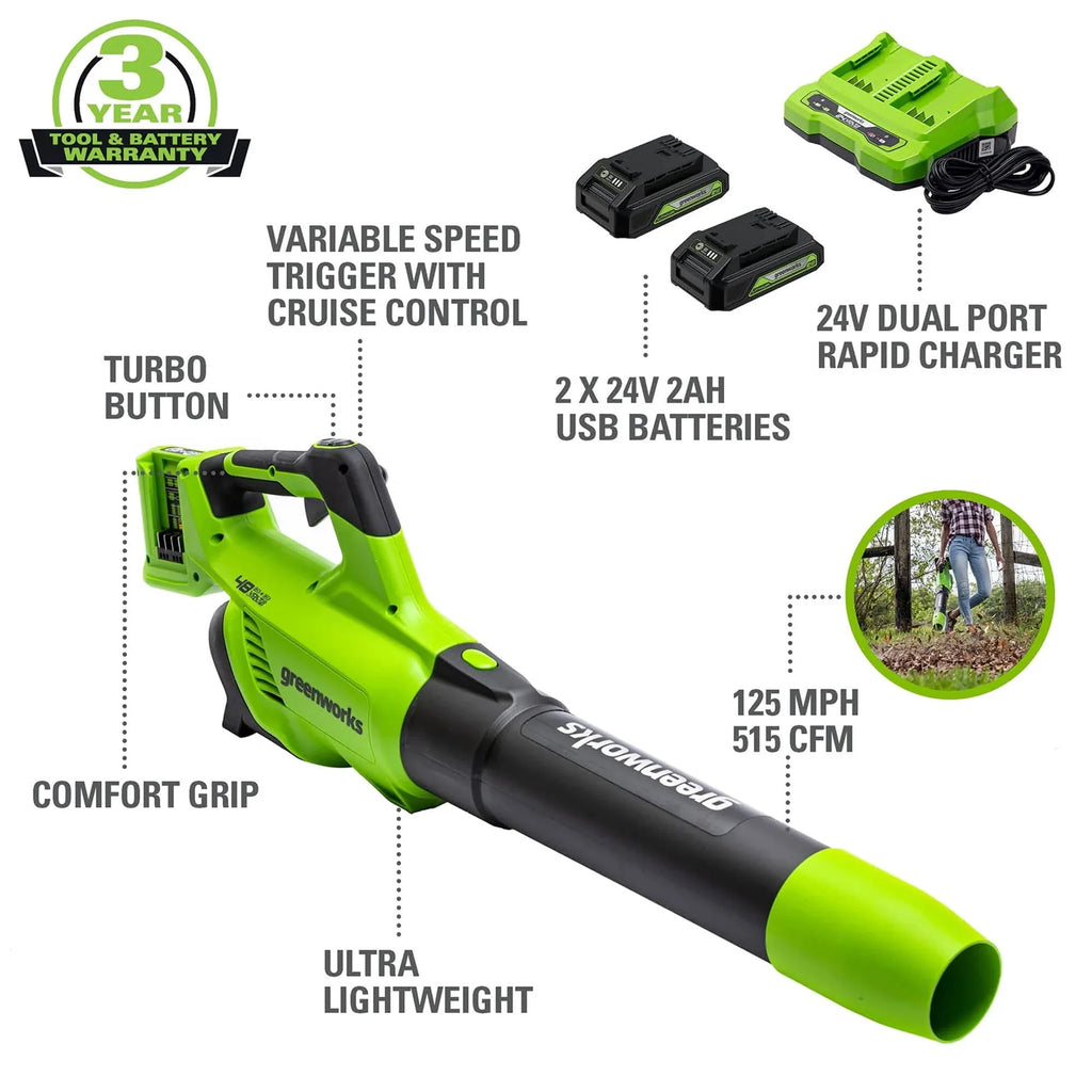 Greenworks 48V Brushless Leaf Blower 515CFM with 2.0Ah Batteries & Charger O7126