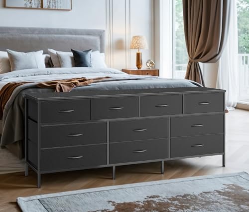Huuger 63 Inch Dresser with 10 Fabric Drawers, Rustic Brown M836