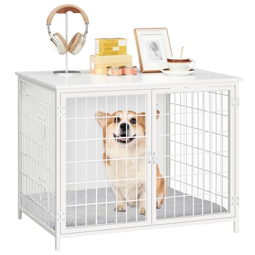 Wooden Dog Crate Furniture with Cushion, Double Doors, Greige X29262