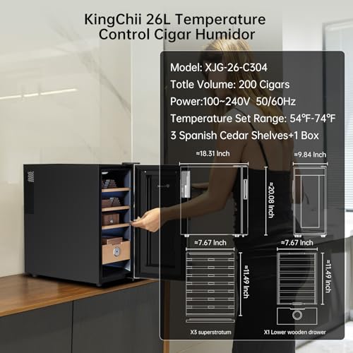 KingChii 16L Electric Cigar Humidor Cabinet with Temperature Control and Spanish Cedar Shelves H300