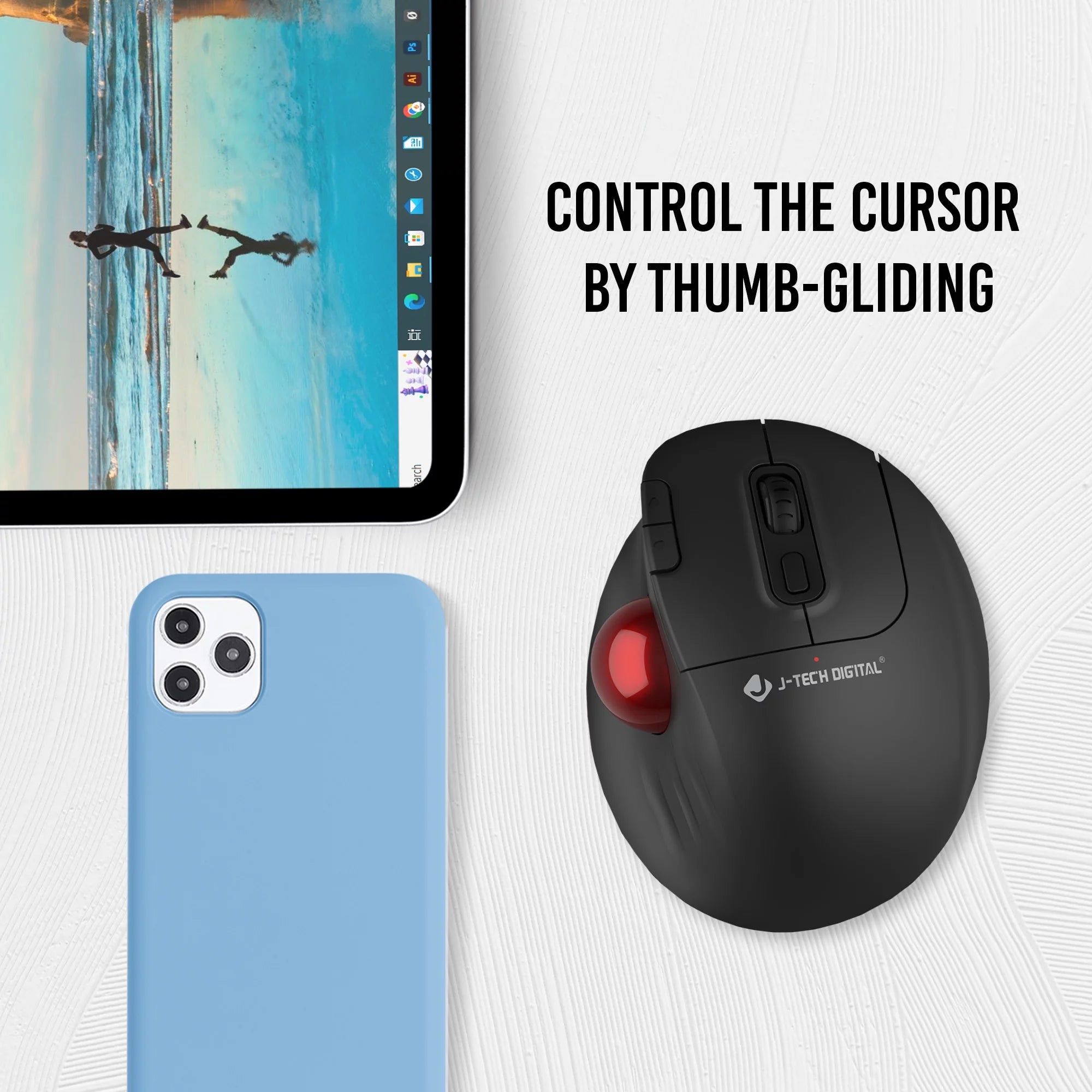Wireless Ergonomic Trackball Mouse with Thumb Control by J-Tech Digital B856