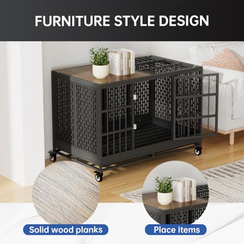 Heavy Duty Dog Crate with Wheels for Large Dogs, Folding Metal Cage with Removable Tray R395