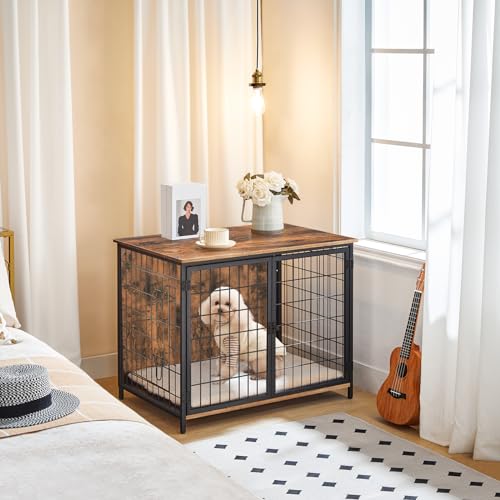 Wooden Dog Crate Furniture with Cushion, Double Doors, Greige X29262