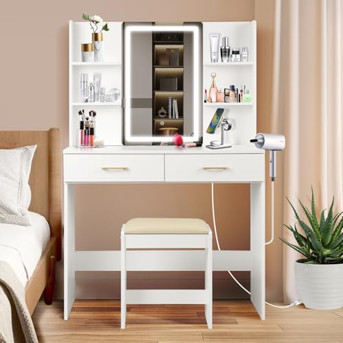 White Vanity Set with Lighted Mirror, Drawers and Stool V52922