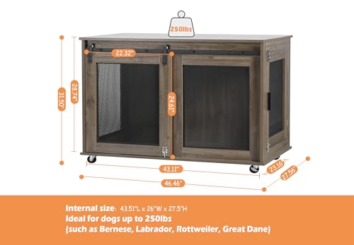 LINLUX 47 Inch XL Wooden Dog Crate Furniture with Sliding Doors and Wheels V980
